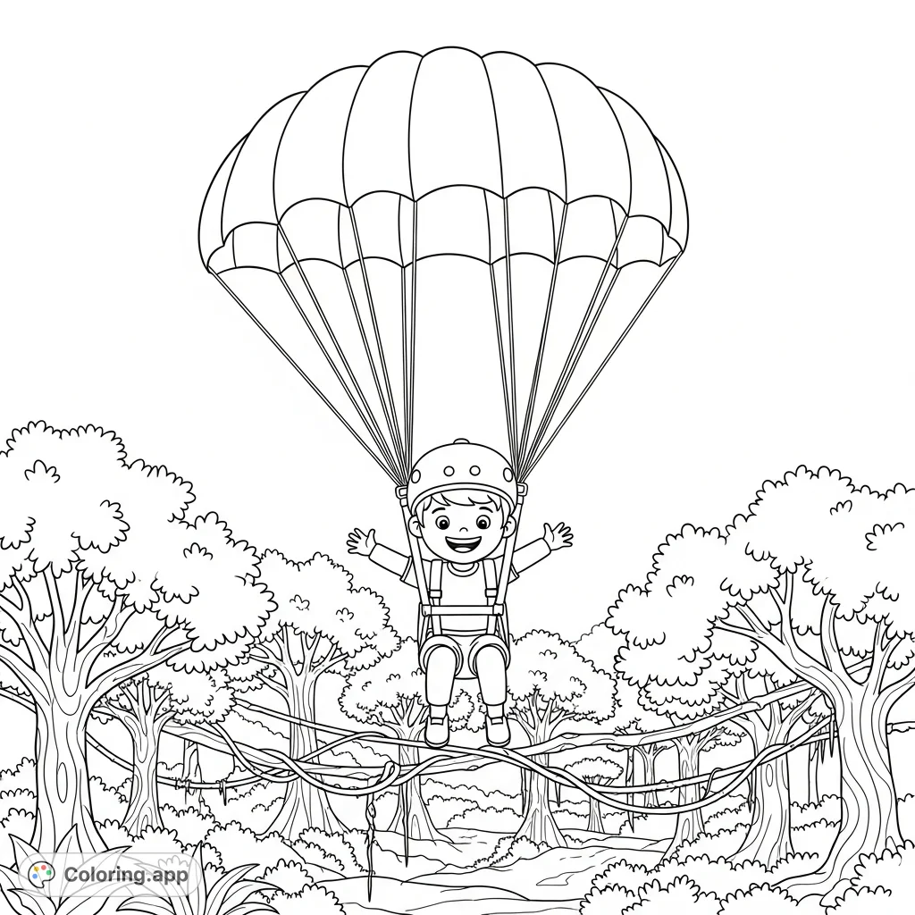 A delightful coloring page showing a smiling kid parasailing high above a lush, sprawling jungle canopy. Perfect for imaginative adventurers!