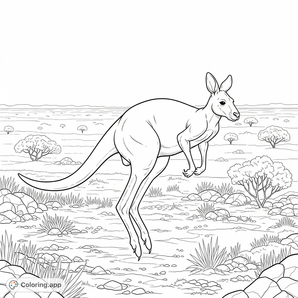 Capture the essence of the Australian outback with a dynamic kangaroo mid-hop. A free printable coloring page perfect for nature enthusiasts of all ages.