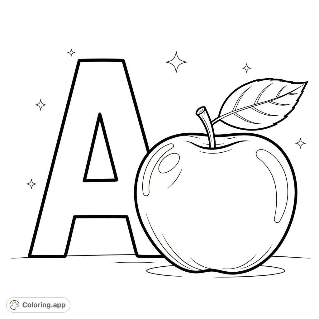 An educational alphabet coloring page featuring a bold capital 'A' alongside a perfectly shaped apple. Ideal for young learners and free printable fun!