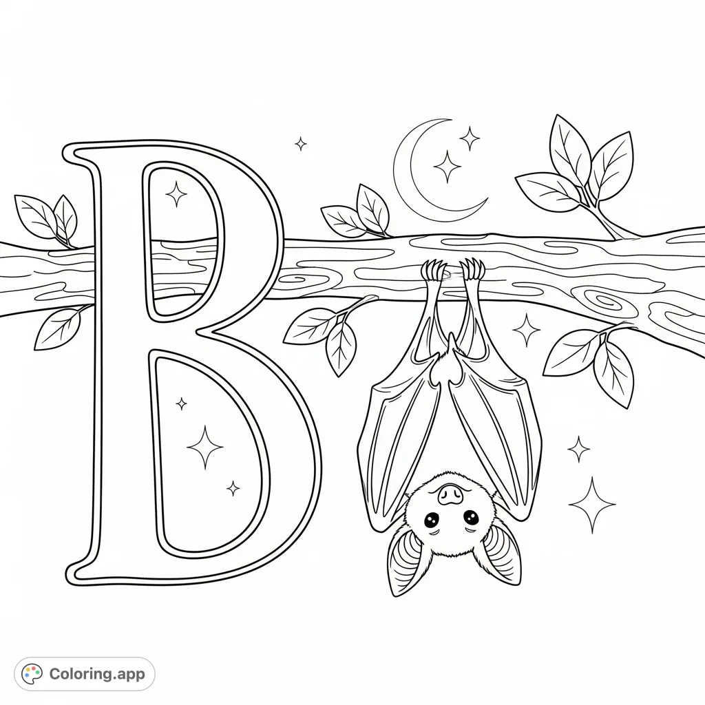 Discover the 'B is for Bat' coloring page! Featuring a cheerful bat alongside the letter 'B' and simple nocturnal elements, perfect for learning and fun.