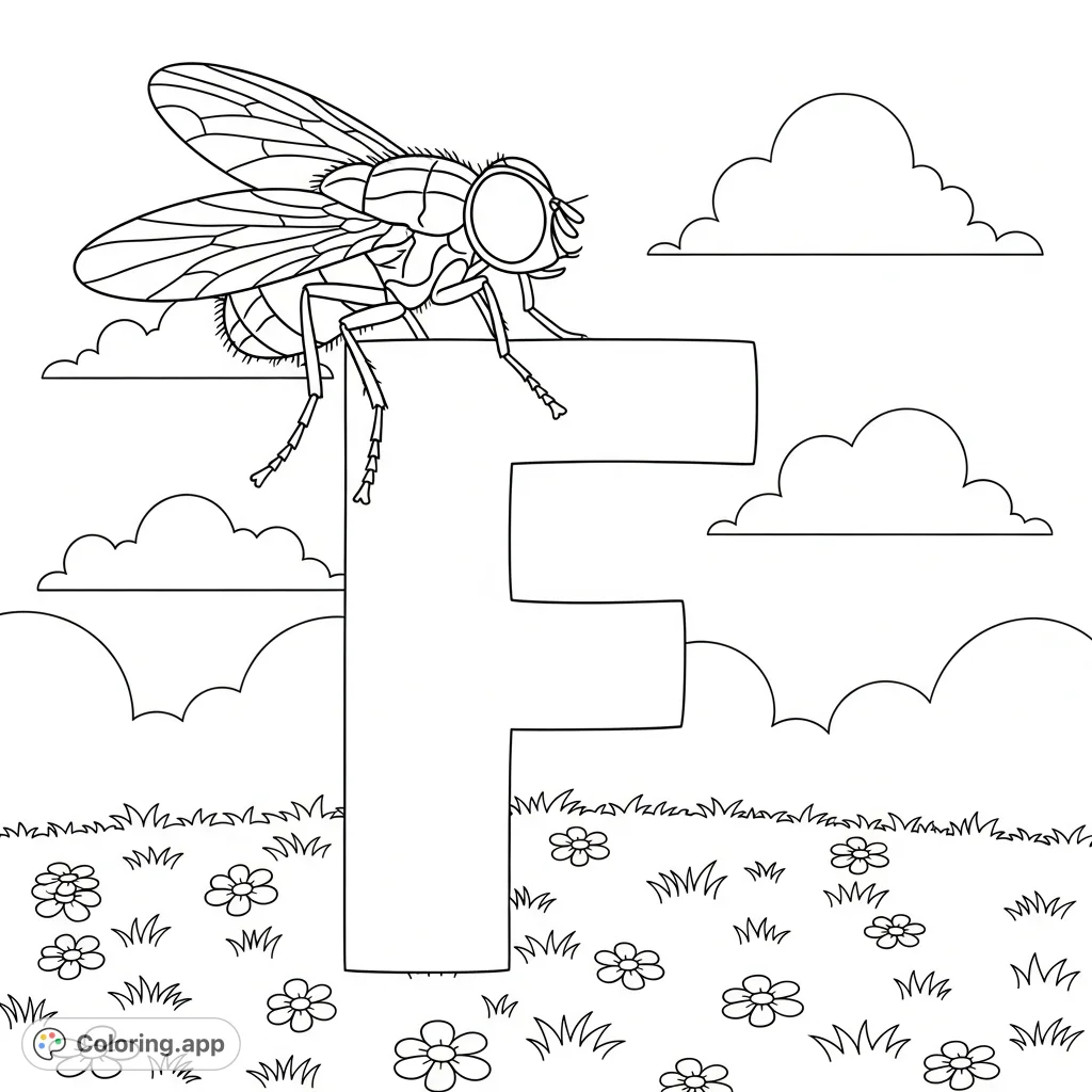 An educational F is for fly coloring page featuring a cheerful letter F with a detailed housefly, set against a simple, natural backdrop. Perfect for learning!