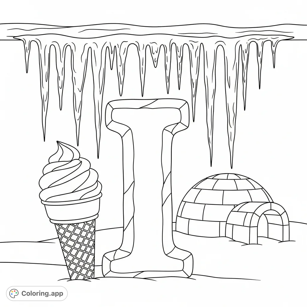 Explore 'I is for Ice' with this educational coloring page featuring a prominent letter I, icicles, an igloo, and ice cream for cool coloring fun.