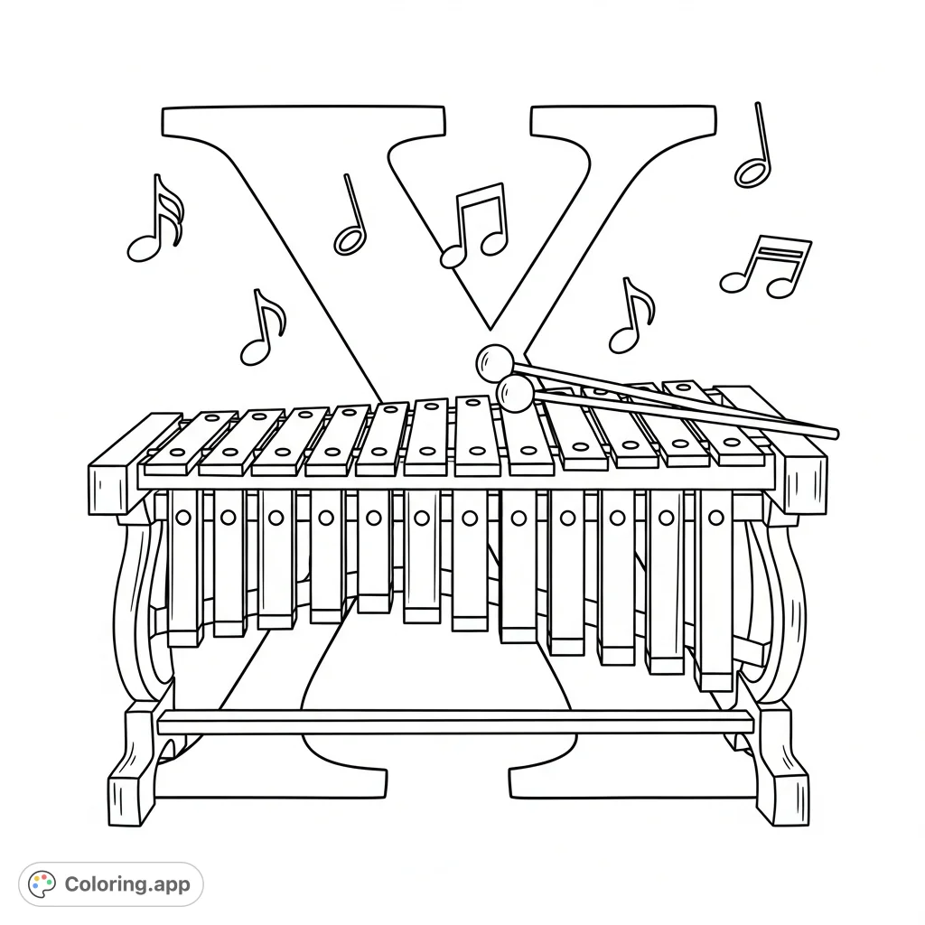 Explore the letter X with this charming xylophone coloring page! Features a detailed musical instrument and floating notes, perfect for learning and fun.
