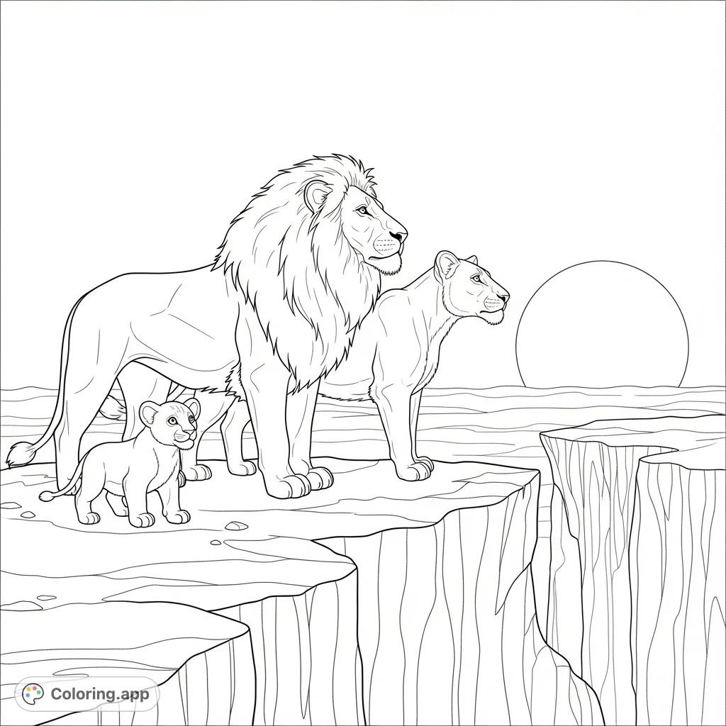A majestic lion, lioness, and playful cub stand on a rugged cliff, gazing towards a grand sun on the horizon, creating a serene family scene.