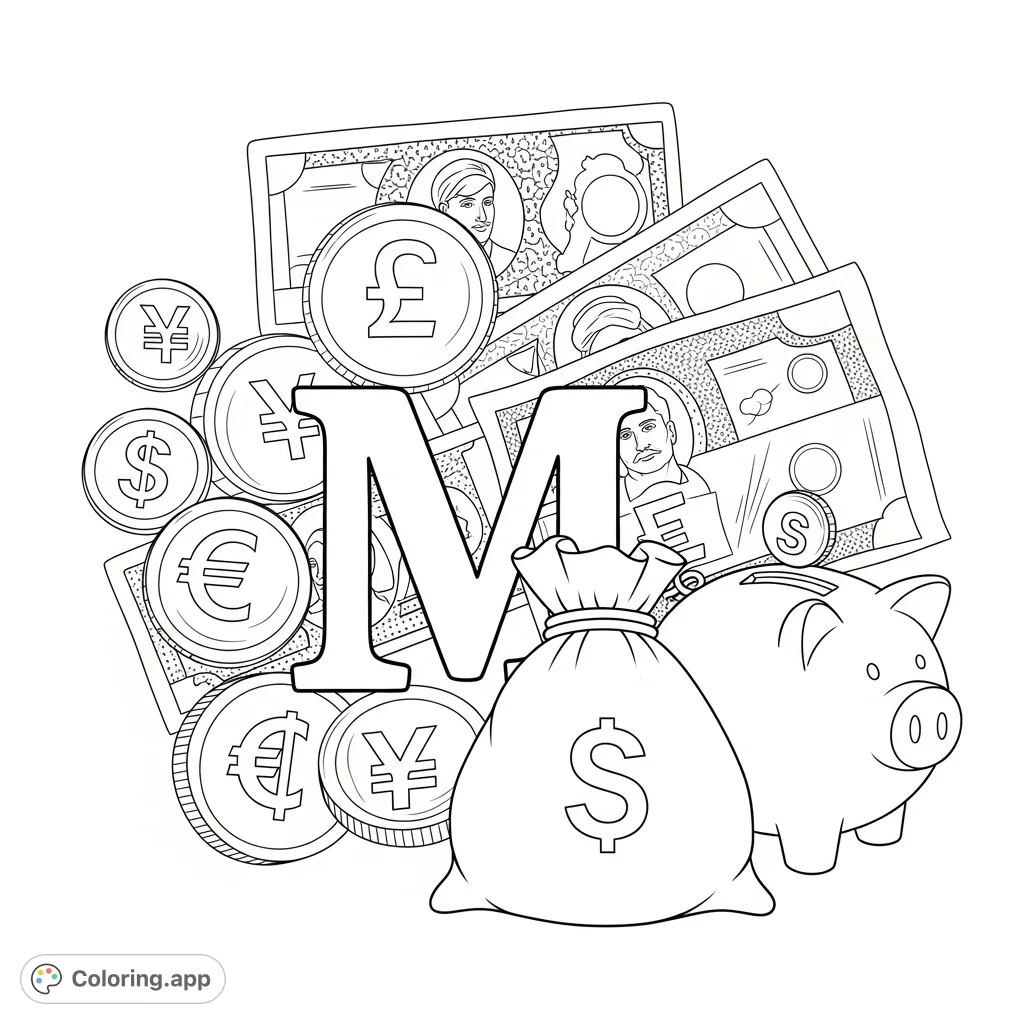 A detailed 'M is for Money' coloring page featuring a large letter M surrounded by various coins, banknotes, a money bag, and a piggy bank, perfect for financial literacy.