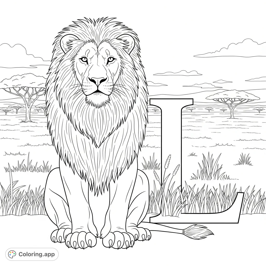 Discover a majestic lion standing proudly with the letter 'L', perfect for learning the alphabet. This free printable lion coloring page offers a fun, educational activity.
