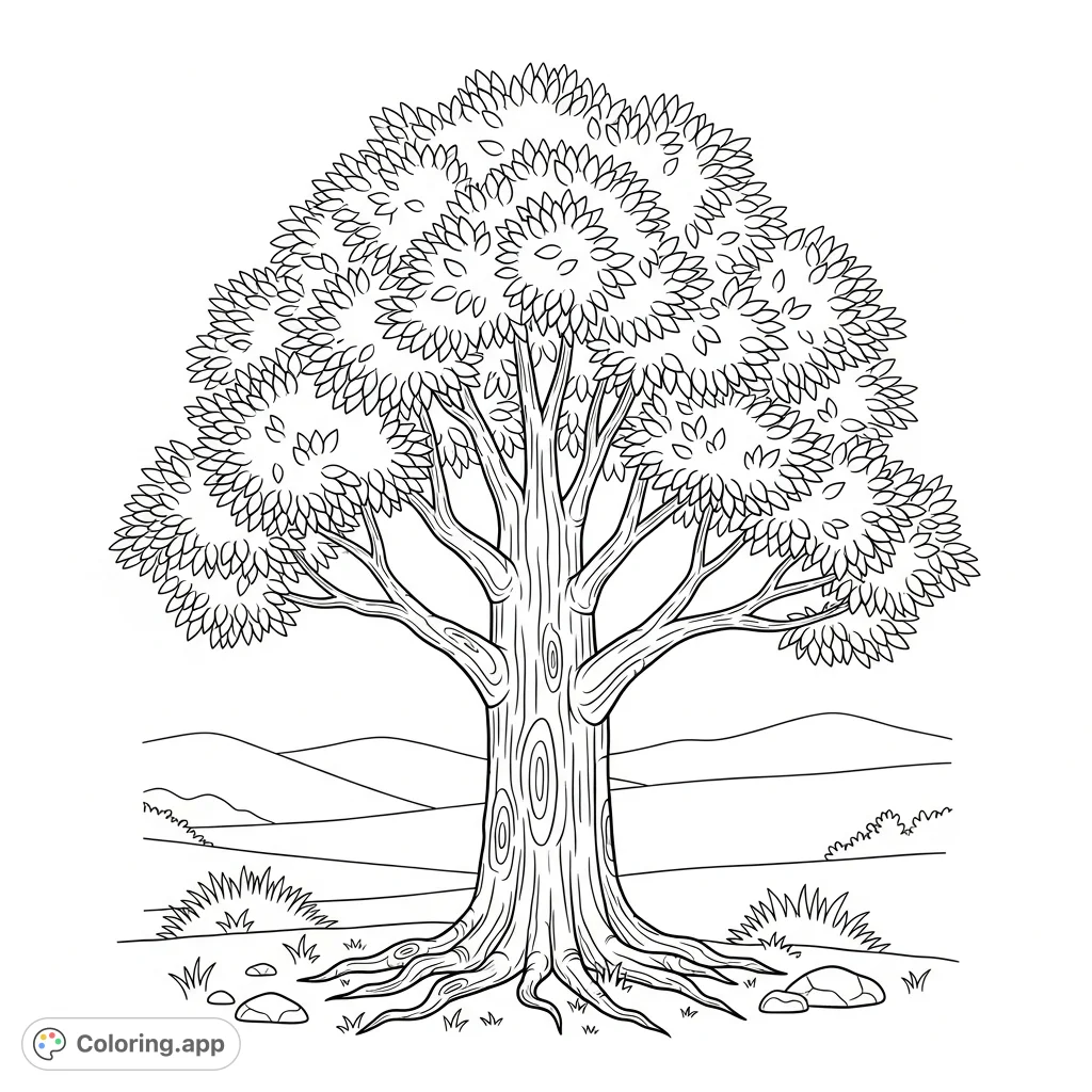 Discover a majestic tree with textured bark, dense foliage, and spreading roots, set against rolling hills. A perfect nature coloring page for all ages.