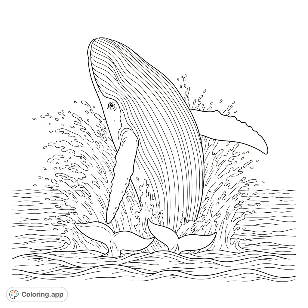 A magnificent whale breaches the ocean, sending water splashing dynamically. A thrilling marine life coloring page for all ages to enjoy and customize.