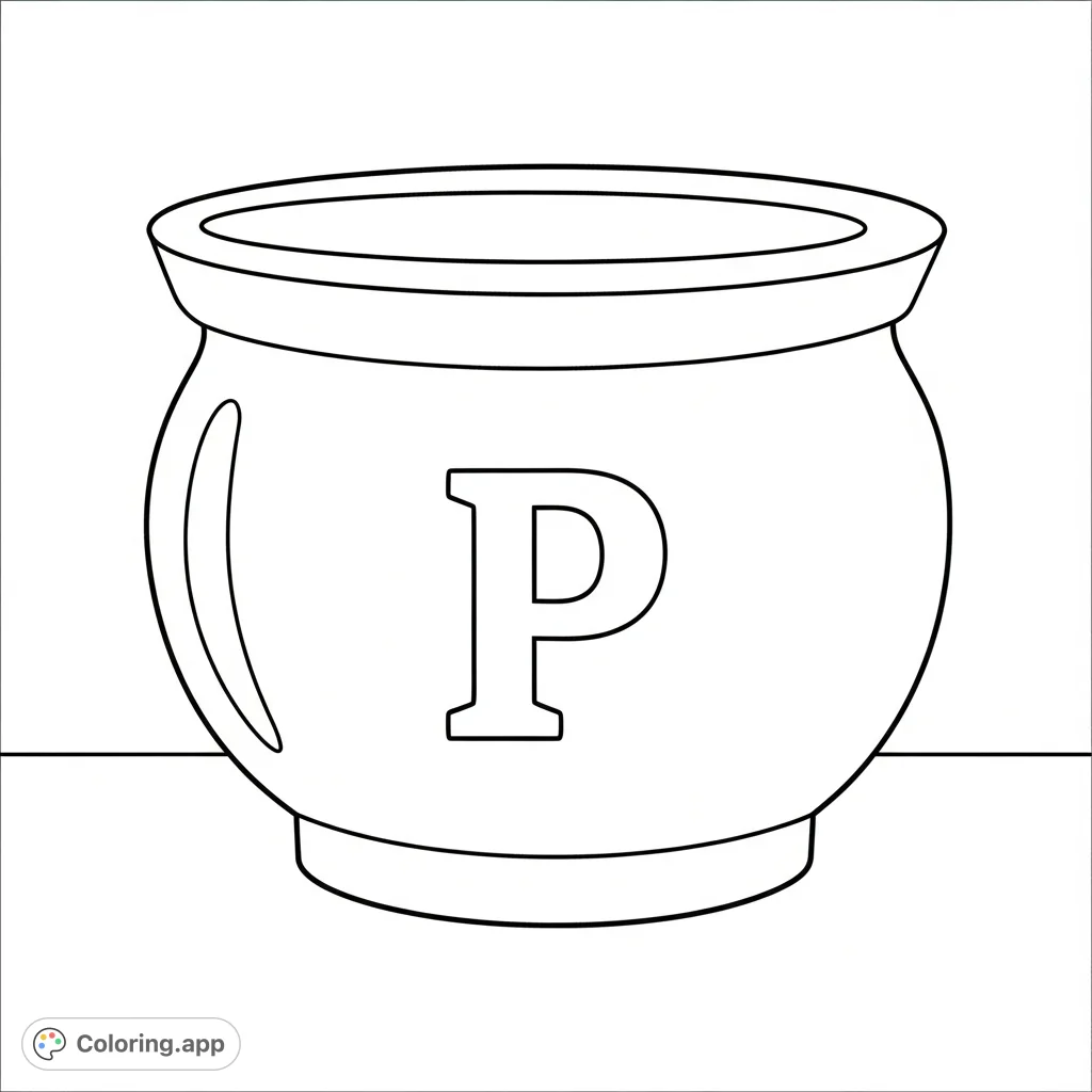 A charming 'P is for Pot' coloring page featuring a sturdy pot with a bold letter P. Perfect for learning and creative expression!