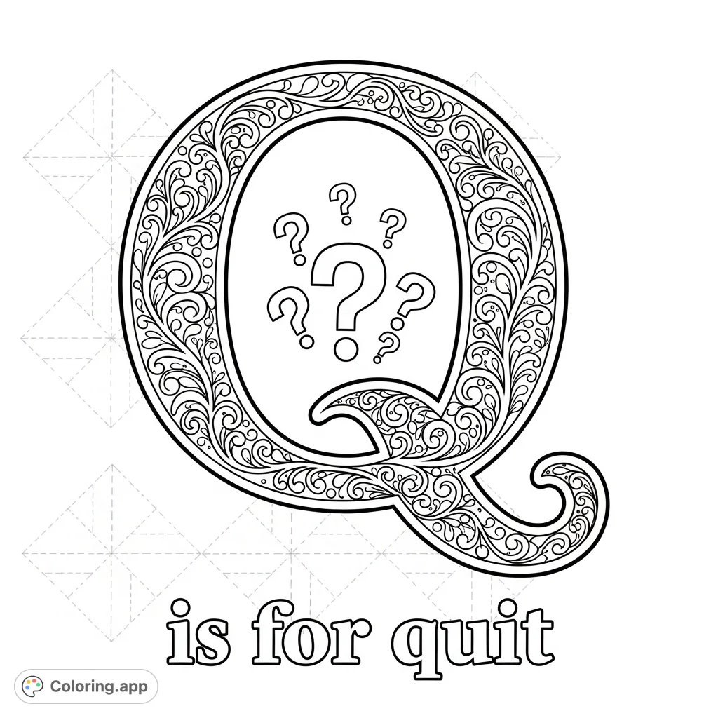 A decorative capital letter Q with intricate patterns and playful question marks, featuring the phrase "Q is for quit" for an alphabet coloring page.