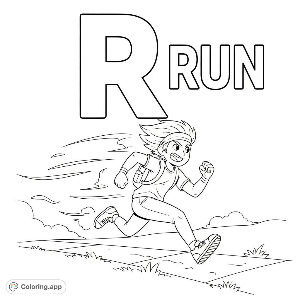 A dynamic "R is for run" coloring page featuring a cheerful character sprinting across a path, with a prominent letter R and "run" text for learning fun.