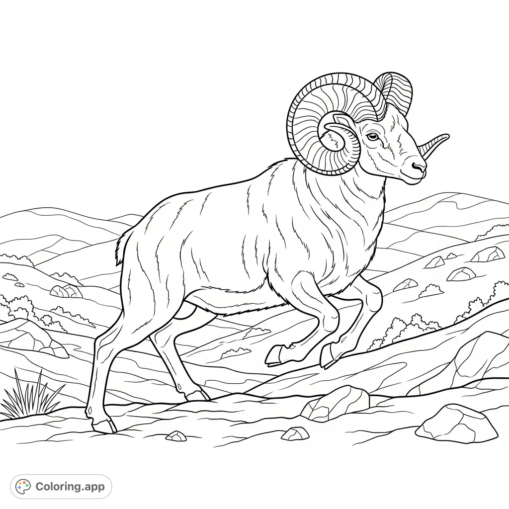 A majestic ram charges across rugged terrain, its powerful form and impressive curling horns captured in dynamic motion. A thrilling nature scene for all ages.