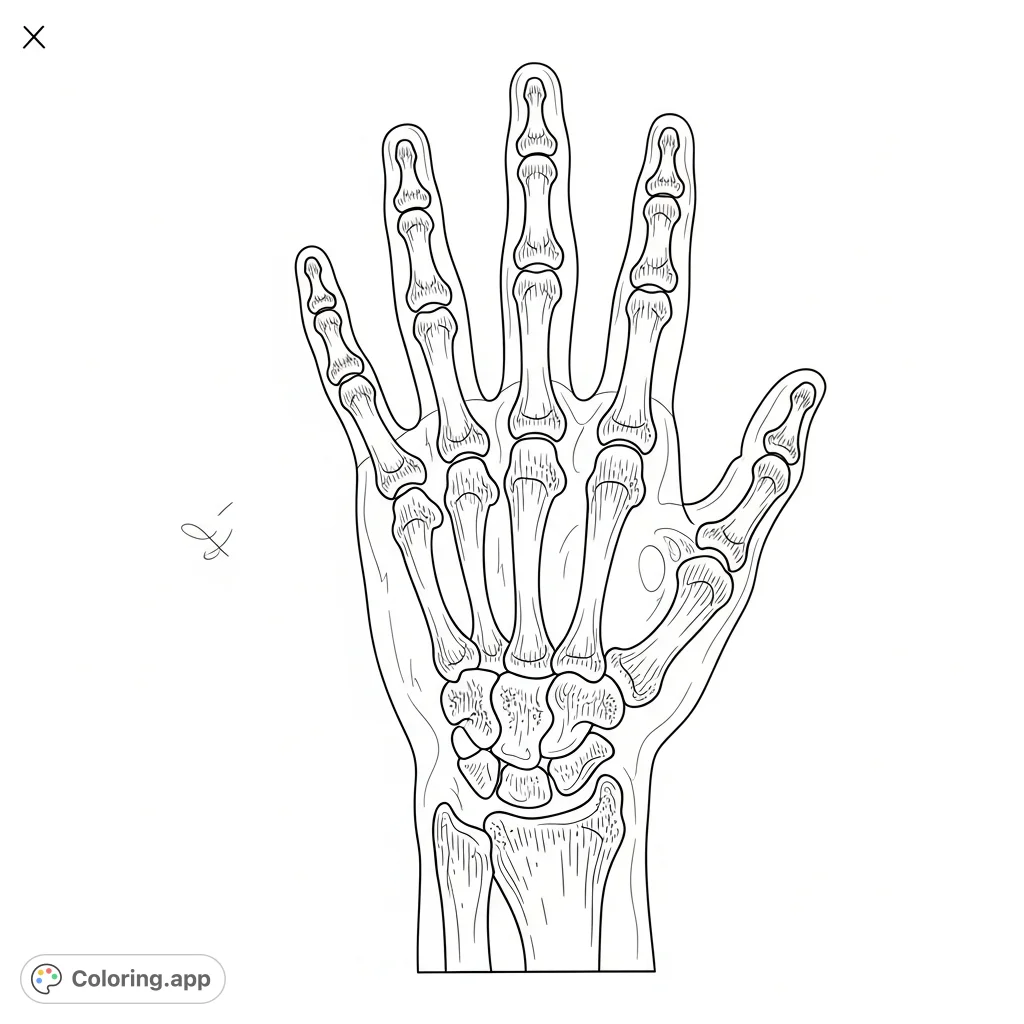 Explore the intricate internal structure of a human hand with this detailed X-ray coloring page. Discover bones, joints, and anatomy.
