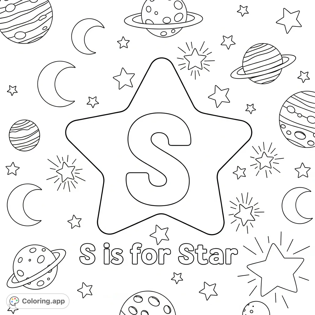 Explore the cosmos with this "S is for Star" coloring page! Featuring a cheerful star, the letter S, and a whimsical space scene perfect for learning and fun.