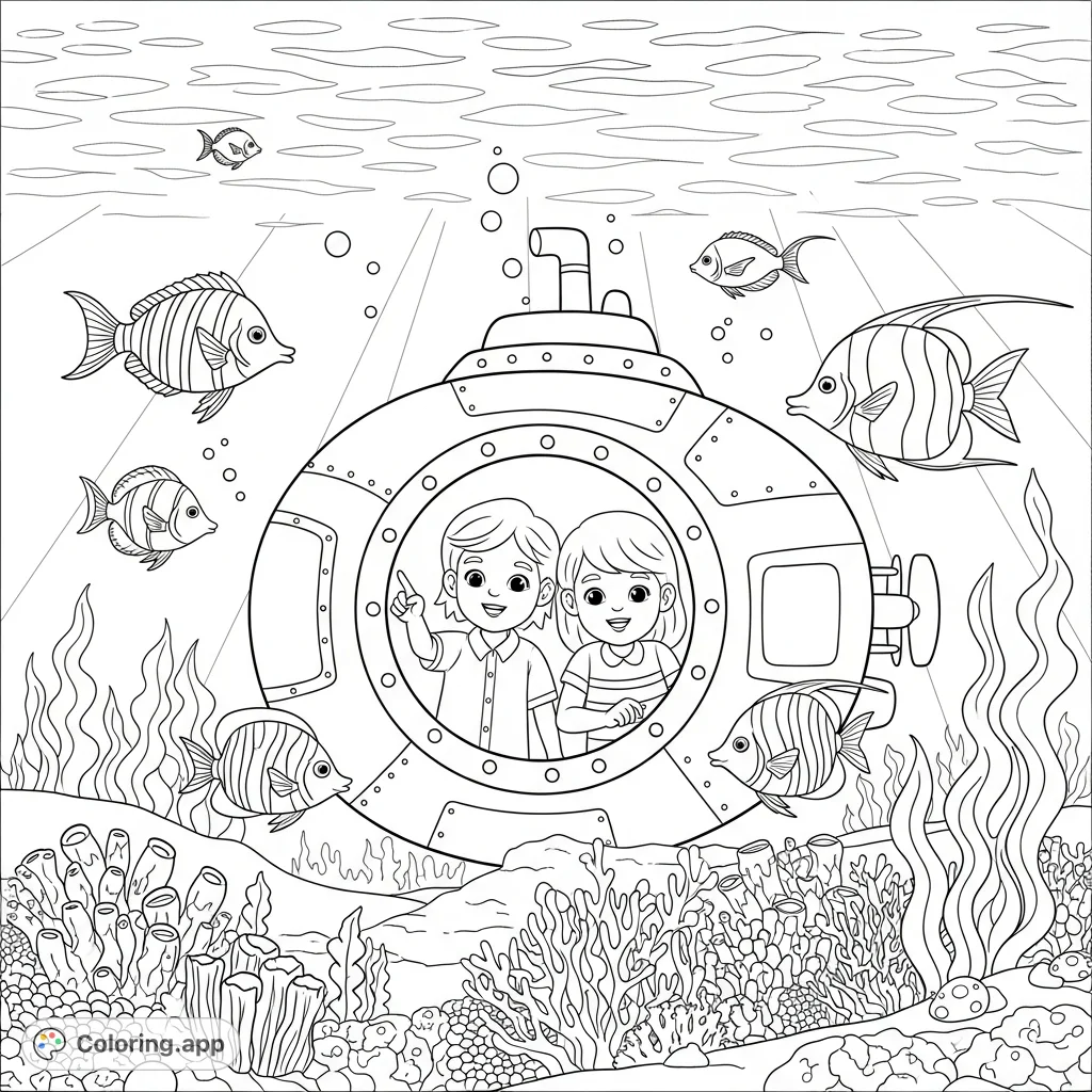 Dive into an underwater adventure! Two children explore ocean depths in a submarine, surrounded by fascinating marine life.