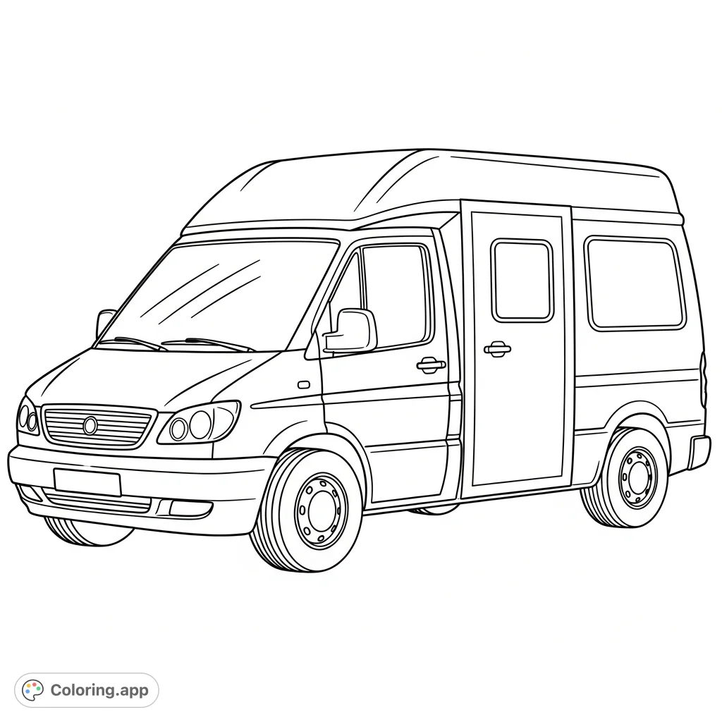 A charming and simple V is for van coloring page, perfect for young learners. Features a classic van with clear lines and large spaces for easy coloring.