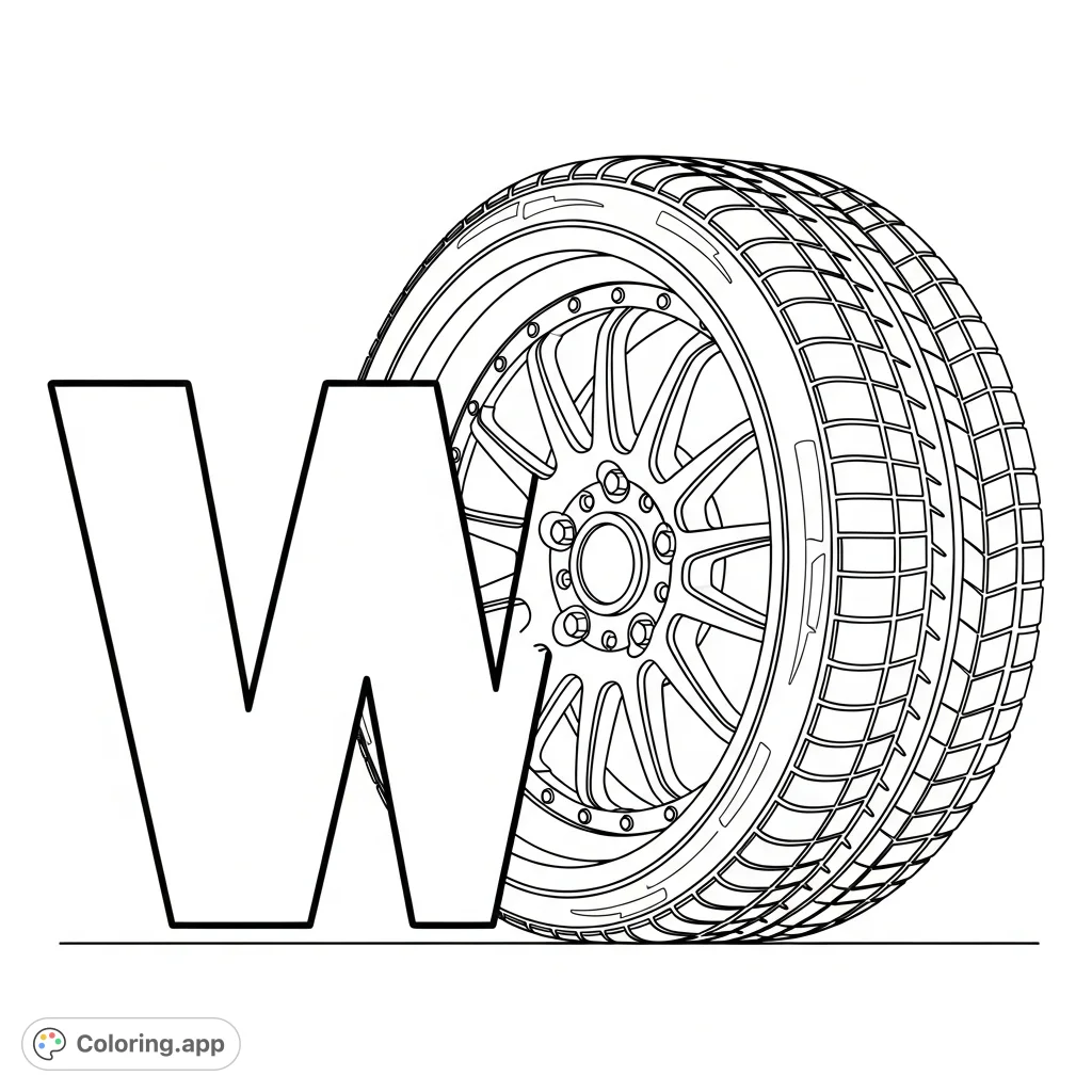 An engaging 'W is for Wheel' coloring page featuring a bold capital W and an intricately designed wheel with spokes, rim, and a textured tire. Perfect for learning!