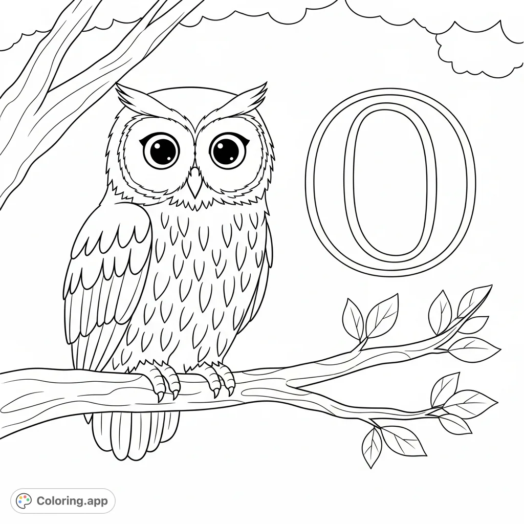 A charming owl perched on a branch, alongside a bold letter 'O'. This free printable coloring page is perfect for learning and creative fun.