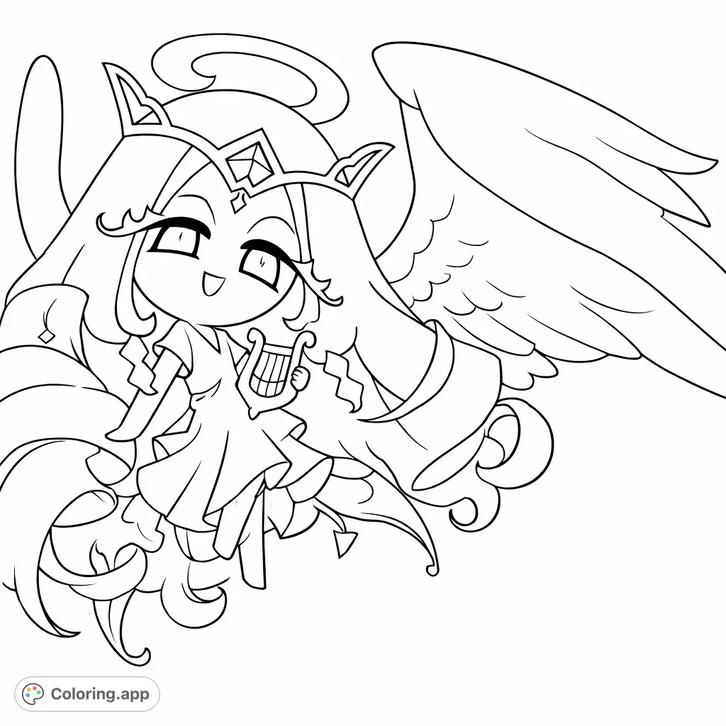 Color this enchanting angel character with a flowing halo, feathered wings, and a lyre. A delightful scene for creative expression and imaginative coloring fun.