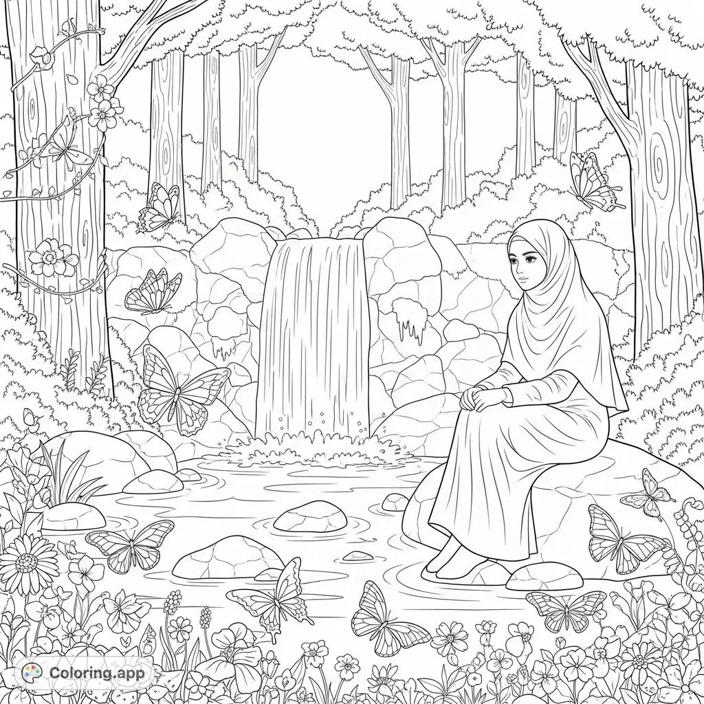Discover a tranquil forest waterfall scene featuring a teen hijab girl, surrounded by delicate butterflies and blooming flowers. A peaceful, inspiring coloring page.