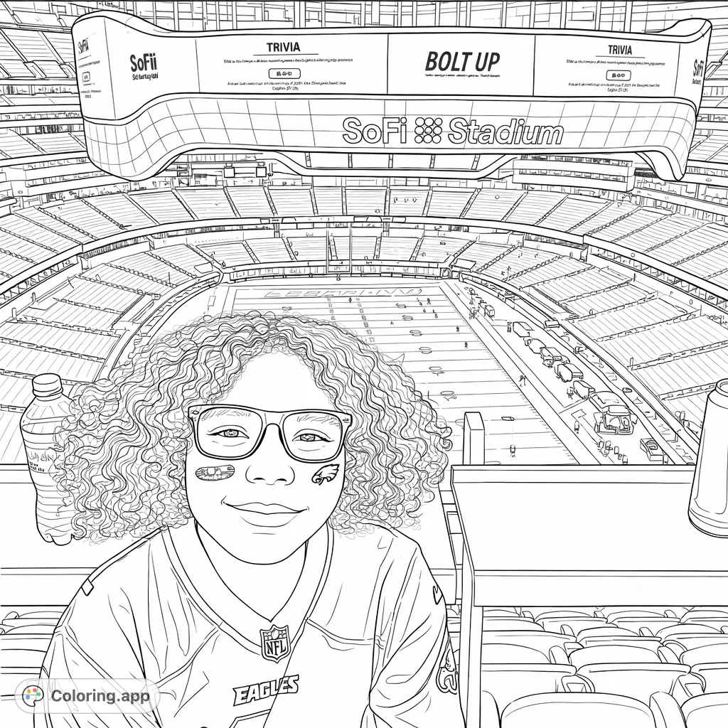 A child in sunglasses and a football jersey sits in a grand stadium, with the vast field and a huge overhead scoreboard in the background, ready for game day fun.