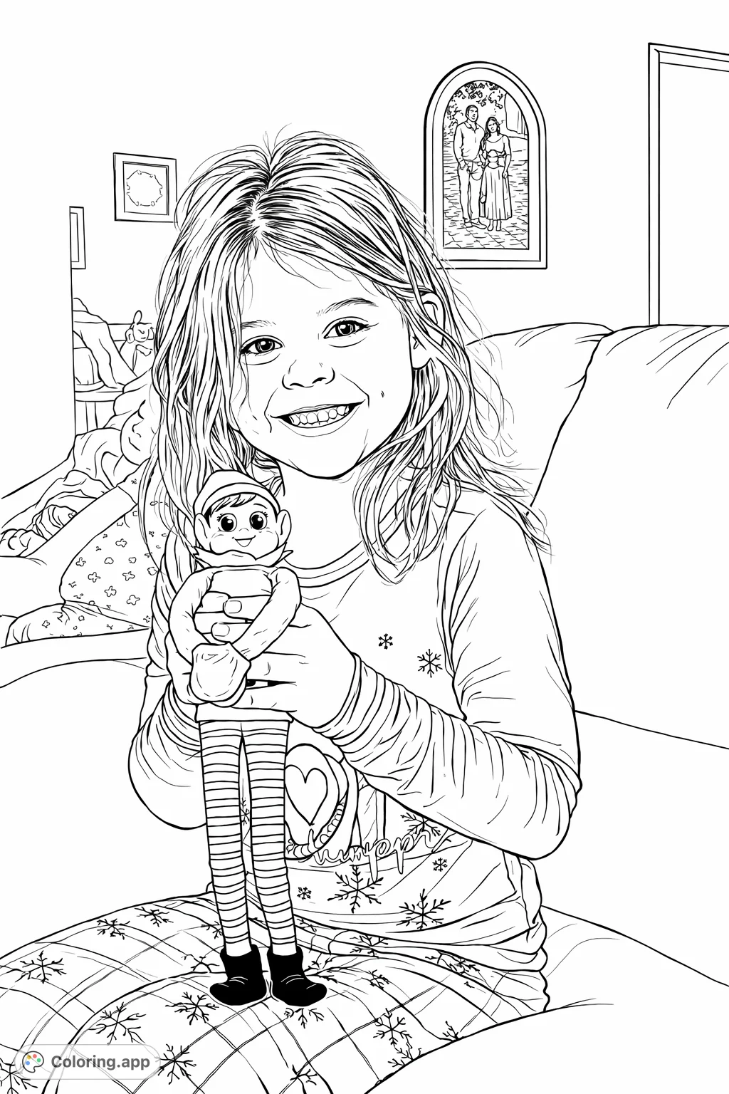 A joyful child in festive pajamas holds an adorable elf doll, ready for imaginative coloring fun. Perfect for holiday cheer and creative expression!