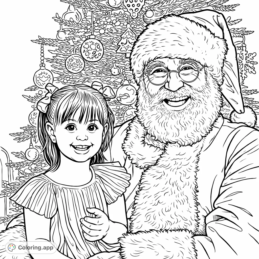 Capture the magic of the holidays with this free printable Santa Claus coloring page, featuring a jolly Santa and a happy child against a festive tree. A charming Christmas coloring page for all.