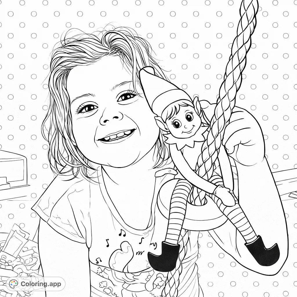 Delightful child and elf coloring page, perfect for kids! Features a smiling child holding a playful elf on a rope swing.