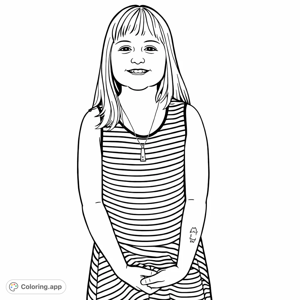 A charming coloring page of a girl in a striped dress, featuring a friendly smile and a unique pendant. Perfect for personalization and creative expression.
