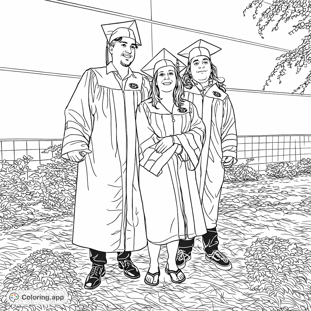Celebrate achievement with this graduation coloring page! Three cheerful graduates in caps and gowns, ready for their next adventure.