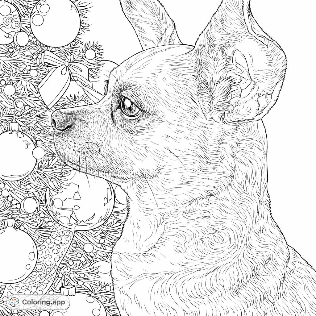 A charming small dog gazes thoughtfully beside a beautifully decorated holiday tree, adorned with ornaments and ribbons. A heartwarming festive scene.