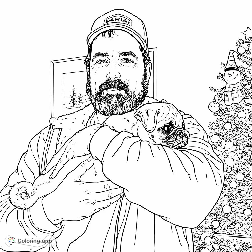 A heartwarming man and pug coloring page featuring a bearded man gently cradling his pug puppy, set against a festive, cozy background with a decorated tree.