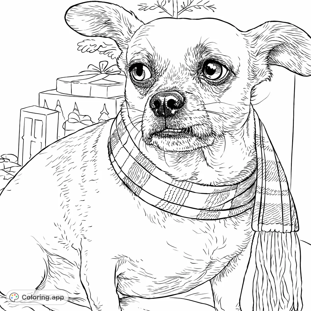 A charming small dog with a curious expression, sporting a stylish plaid scarf, ready for festive coloring fun. A delightful holiday pet scene.