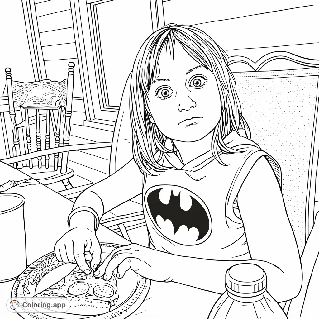 A charming coloring page featuring a child with a bat emblem shirt enjoying a pizza meal. Detailed background elements make for an engaging and fun coloring experience.