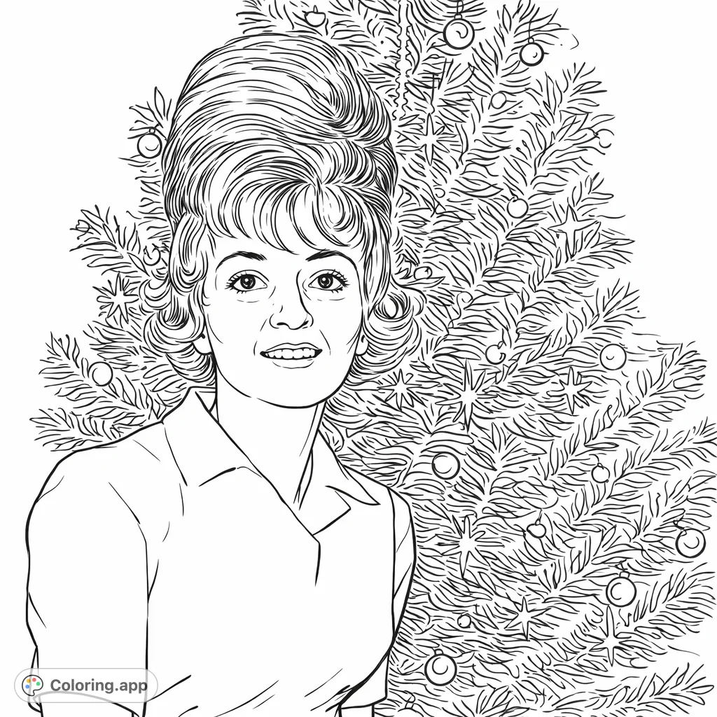 A striking portrait of a woman with a classic bouffant hairstyle, set against a backdrop of festive foliage, perfect for nostalgic coloring.