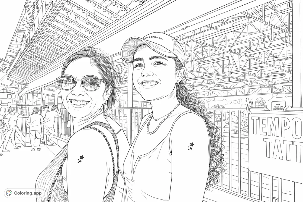 Capture the joy of an amusement park with two smiling individuals and their matching star tattoos, set against a fun fairground backdrop. A delightful scene to color.
