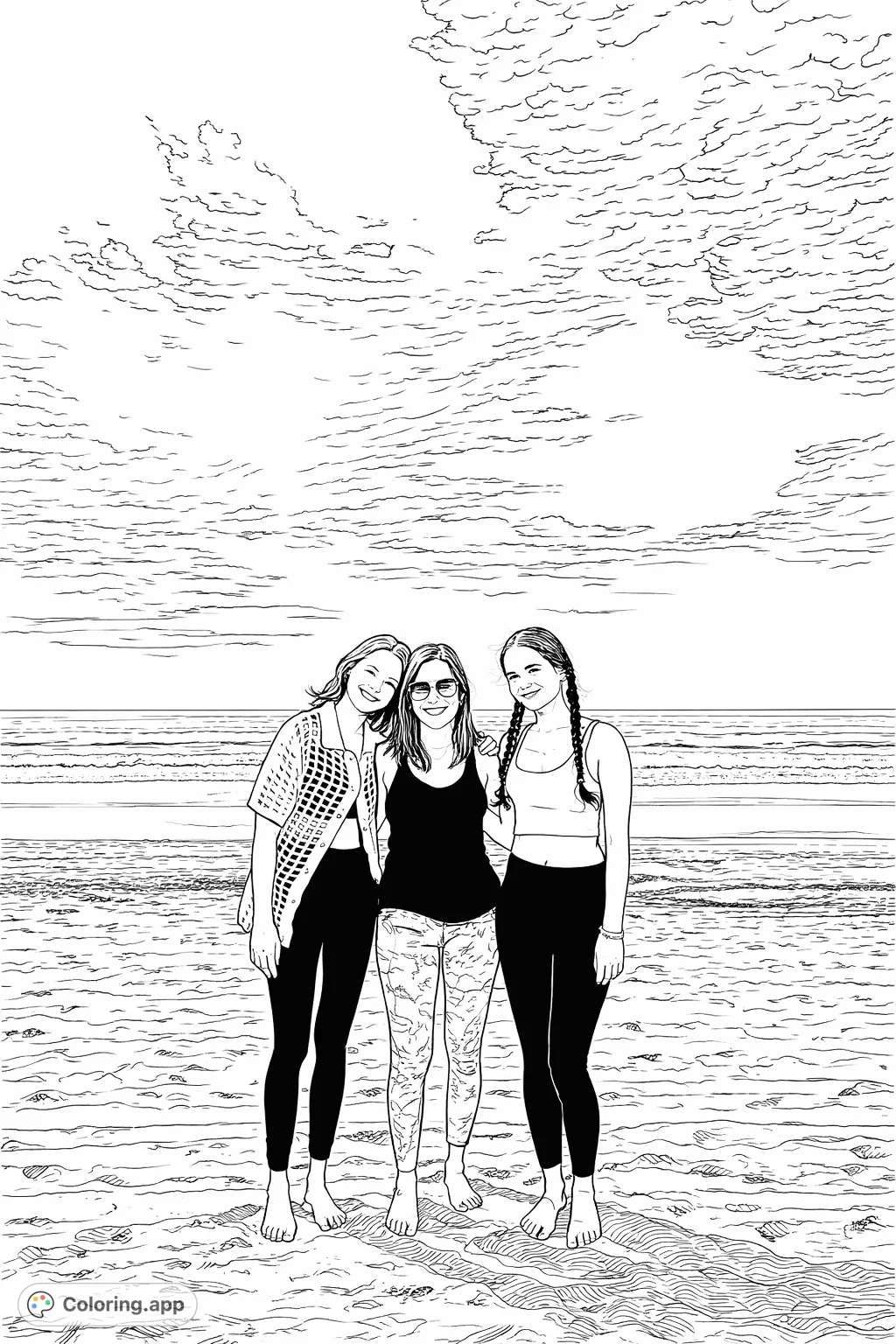 A heartwarming beach scene featuring three individuals standing by the ocean, with textured sand and a cloud-filled sky. Perfect for personalizing cherished memories.