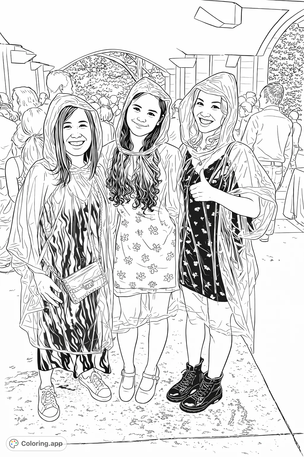 Three friends in stylish rain ponchos, smiling and ready for adventure. A fun and engaging coloring page for all ages to personalize with unique patterns.