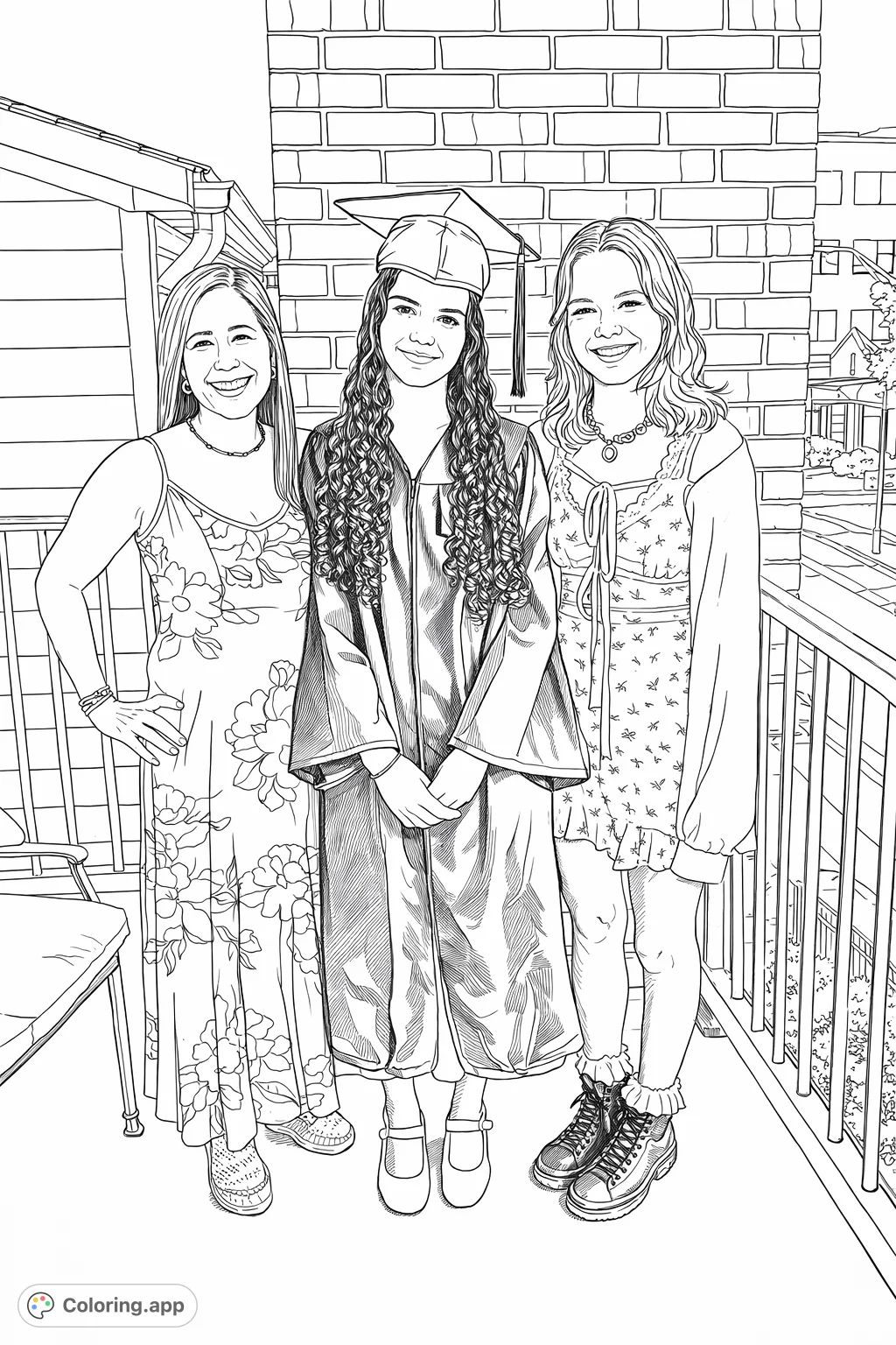 Celebrate a special milestone with this detailed graduation coloring page, featuring three individuals on a balcony with a city background.