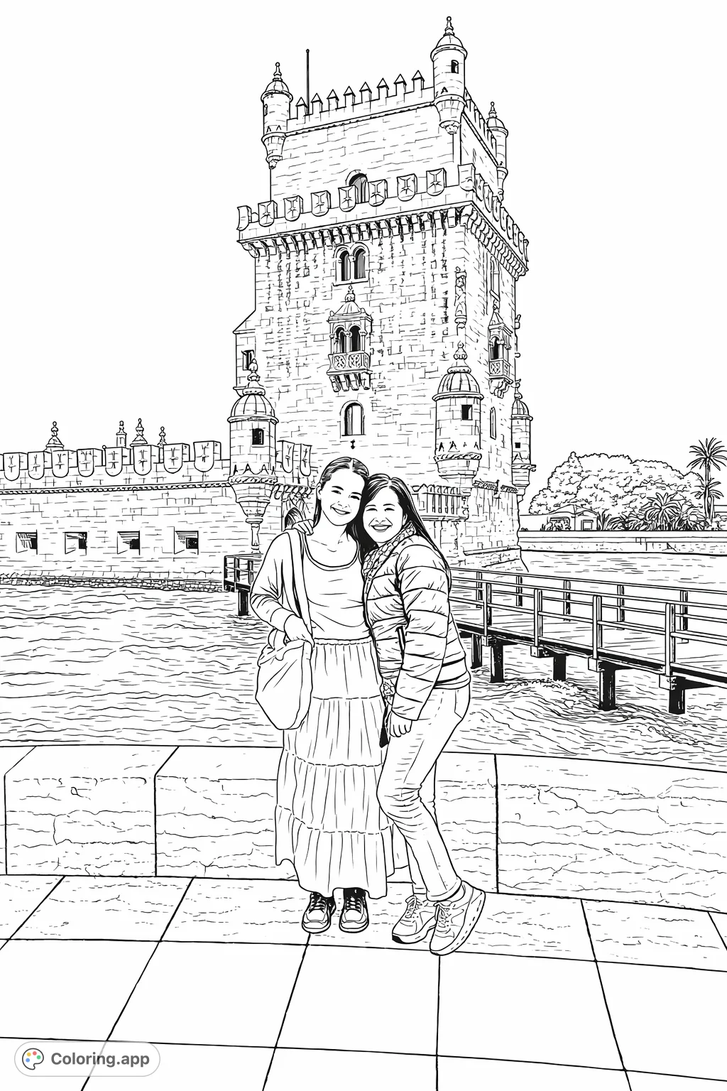 Color a heartwarming scene of two women embracing before an iconic stone tower, surrounded by rippling water and a charming wooden pier. Perfect for architectural and travel enthusiasts.