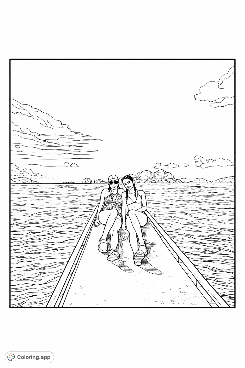 Relax on a boat trip with friends, surrounded by a serene ocean, distant islands, and a vast sky, perfect for a peaceful coloring escape.