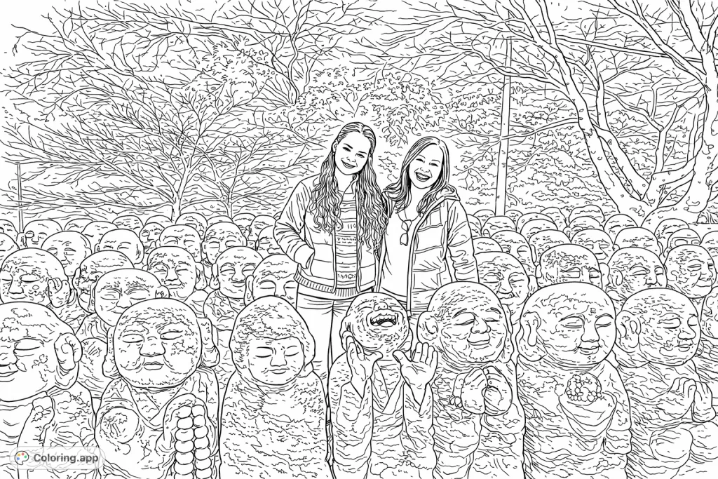 Color a unique scene with two smiling individuals surrounded by an array of expressive, textured stone statues in a tranquil garden setting.