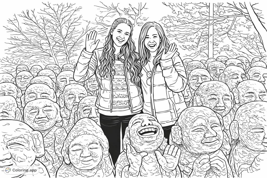 Two smiling friends explore a unique stone garden filled with expressive, ancient statues. A captivating scene for detailed coloring and tranquil reflection.