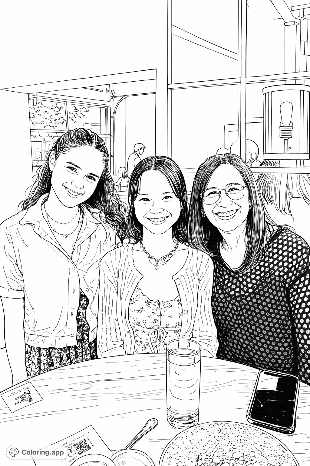 Capture a heartwarming moment with this three women coloring page. Features smiling faces, detailed clothing, and an inviting indoor setting.