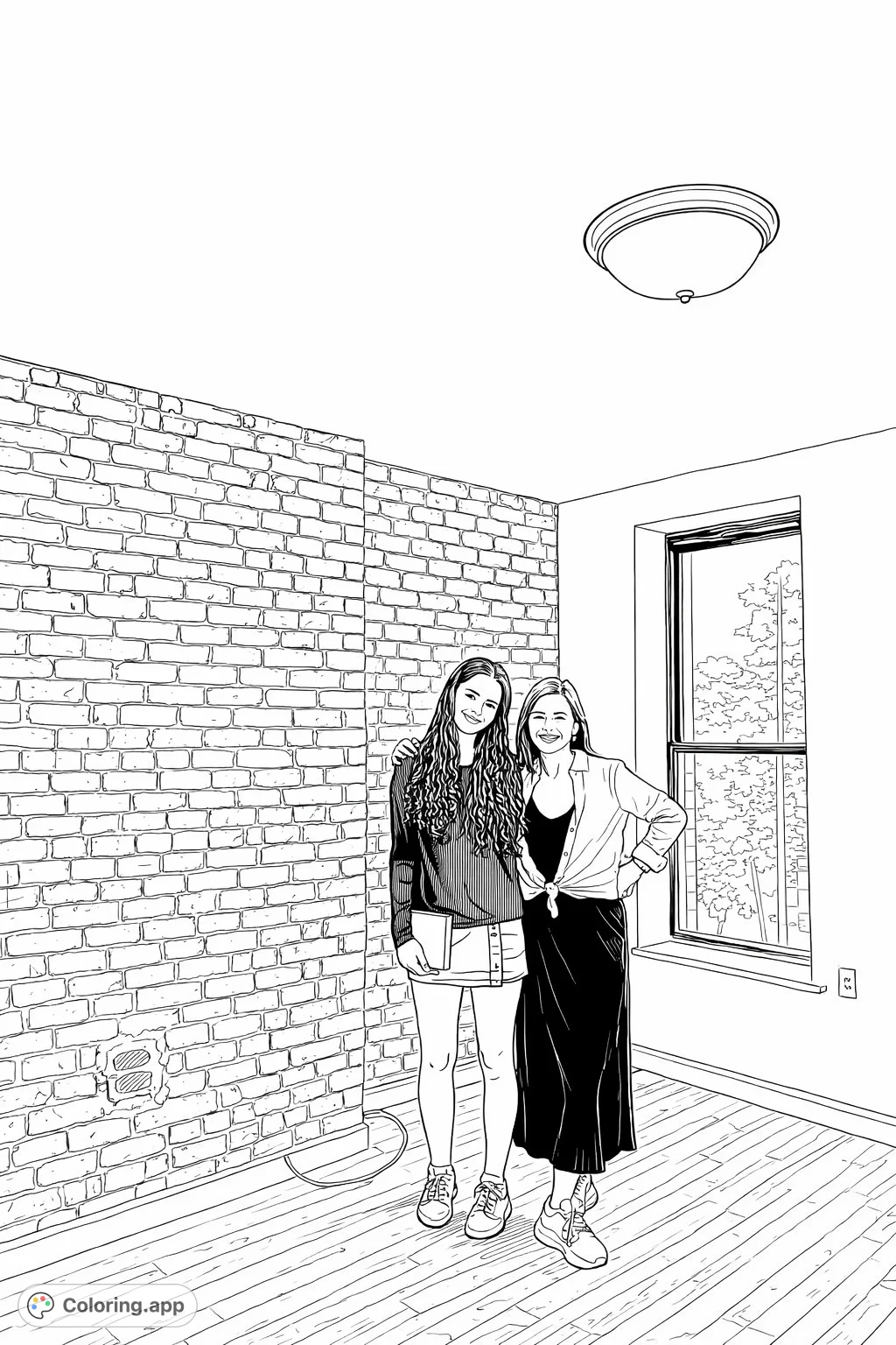 An inviting coloring page featuring two smiling women in a spacious, empty room with a prominent brick wall and a window view, ready for personalization.