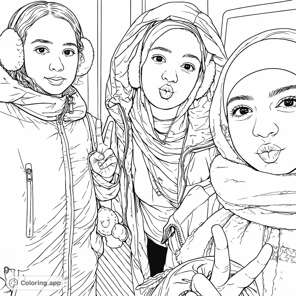 Three young individuals bundled in winter jackets and scarves, posing playfully with peace signs and kiss faces. A fun, modern scene for coloring.