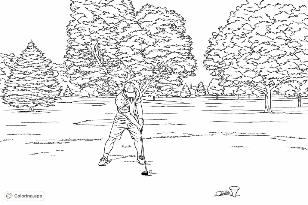 Capture the thrill of the game with this golf coloring page, featuring a golfer poised for a powerful tee shot on a scenic course.