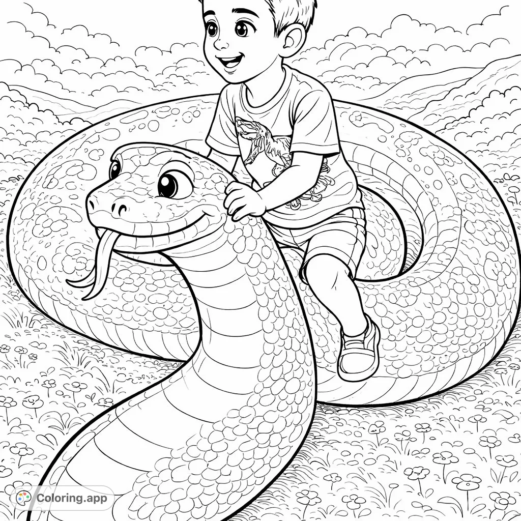 A cheerful boy rides a large, friendly snake through a grassy field, offering a delightful animal adventure for kids and a fun, free printable coloring page.