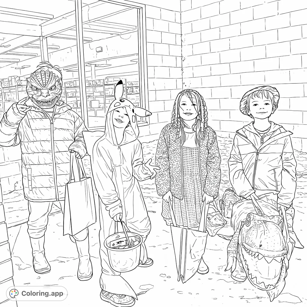 A delightful Halloween coloring page featuring four children in diverse costumes, ready for trick-or-treating fun! Perfect for imaginative young artists.