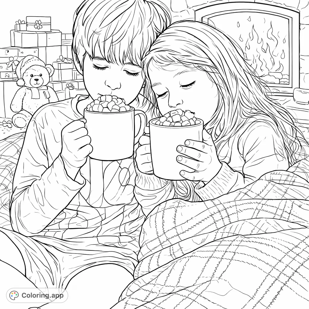 Two children enjoy warm drinks by a crackling fireplace and festive tree. A cozy scene perfect for holiday coloring and winter comfort.